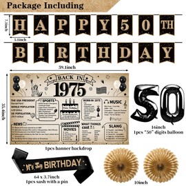 Eucutur 50th Birthday Decoration Kit for Men Women, 15PCS Back in 1975 Happy 50 Bday Banner Wooden Table Poster Balloons Honeycomb Centerpiece Swirl Party Supplies, 50th Bday Sash Paper Fans Set