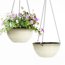Vanslogreen 2 Pack Hanging Planters for Indoor Outdoor Plants, 10 Inch Hanging Planter with Drainage Hole & Plug Glazed Hanging Baskets Flower Pots for Garden Home (White)