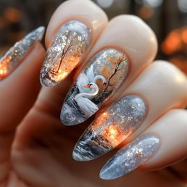 Gifiky 24Pcs Marble Nails Tip Press on Nails - Short Almond False Nails with Acrylic Swans Design, Gradient Galaxy Fake Nails for Women,Reusable Glue on Nails Full Cover Tips