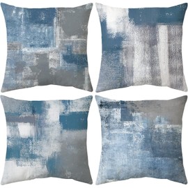 Set of 4 Blue and Grey Abstract Art Artwork Pillow Cover 16 x 16 Inch, Gallery Modern Decorative Throw Pillows Cushion Cover for Bedroom Sofa Living Room