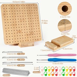 Annyswit Barrier Board for Granny Square Crochet 19.5 x 19.5 cm Wooden Blocking Board with 20 Steel Pins, 9 Darning Needles, 2 Crochet Hooks, 20 Stitch Markers Wooden Tension Board for Crochet and