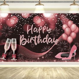 Rose Gold Happy Birthday Banner Champagne Heels Birthday Party Photography Backdrop for Women Girls Birthday Banner Party Decoration Baby Shower Photography Background (Rose Golden)
