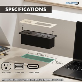 Kable Kontrol Recessed Power Strip Kit with Fast Charging 2 PD65W USB-C Ports, 2 USB-A ports, 3 Power Desk Outlets, Replaceable Silver Finish Panel Plate Flush Mount Furniture Charging Station Grommet