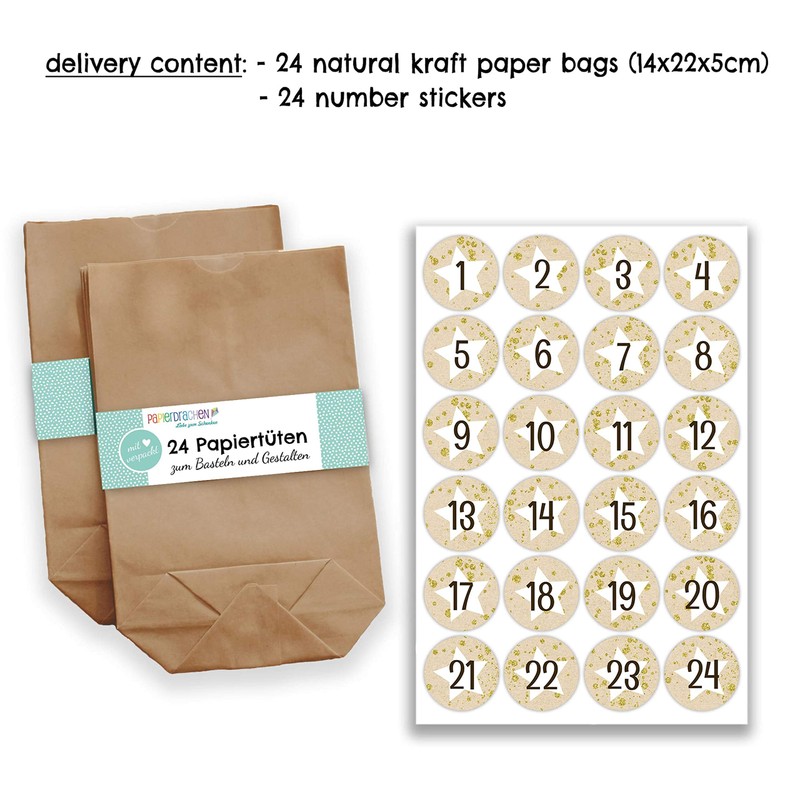 Papierdrachen Adventskalender zum Befüllen - mit 24 braunen Papiertüten und