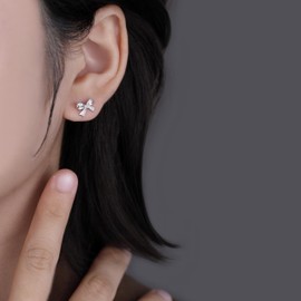 SLUYNZ Solid 925 Sterling Silver Tiny Bow Earrings Stud for Women Teens CZ Bowknot Stud Earrings (A-Silver)