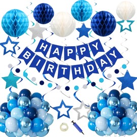 76 PCS Blue Birthday Decorations - Navy Blue Happy Birthday Banner with Honeycomb Ball and Birthday Balloons with Pump, Star Hanging Swirl Streamer - Birthday Party Decorations for Men Boys Women