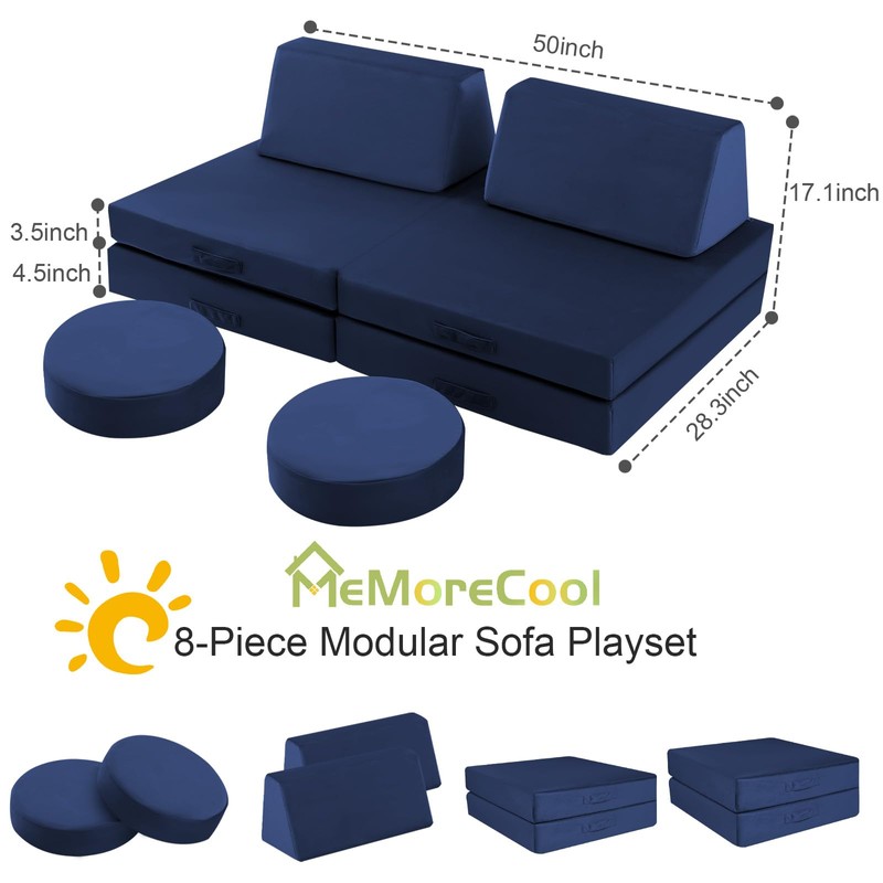 MeMoreCool Modular Kids Couch for Playroom, Navy Foam Play Couch