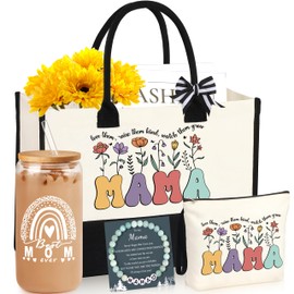 Mama Gifts for Mom, Birthday Gifts for Mom Mother Tote Bag Set Gifts for Mama from Daughter Son Mama Gifts Basket Christmas Gifts for Mom Tote Bag Makeup Bag 16 Oz Can Glass Mama Bracelet Gifts