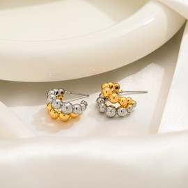 MYCUTEY Small Double Hoop Earrings for Women Gold and Silver Beaded Huggie Hoop Statement Earrings Mixed Metal Jewelry Gift, Copper, No Gemstone