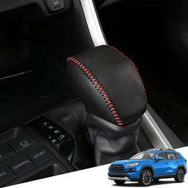 Genuine Leather Automatic at Gear Shift Knob Cover Protector Trim,the car Interior Accessories(Red Stitches),for Toyota RAV4(2019 2020 2021 2022 2023 2024 2025) Corolla Cross 2026-2027 Venza 2021-2024
