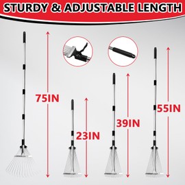 Leaf Rake Adjustable 23" to 75" - Stainless stelel Rake for Leaves, Garden Tools for Yard Lawn Shrub Garden Beds, Rastrillo para Jardin