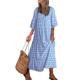 Dokotoo Maxi Dresses for Women Fashion 2024 V Neck Puff Sleeve Long Dresses Smocked Ruffle Flowy Boho Sundresses Casual Loose Plus Size Maxi Dress for Wedding Guest Blue XX-Large