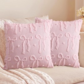 Pink Bow Pillow Covers, 2 PCS Pink Cushion Covers 45×45cm Pillowcase for Teen Girls, Soft Plush Faux Fur Aesthetic Pillow Cases, Coquette Room Decor for Living Room Sofa Dorm Bedroom