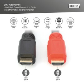 DIGITUS HDMI High Speed Connection Cable, Type A, m/amp. M/M, 10.0m, Ultra HD 24p, CE - Gold-Plated Contacts - Black