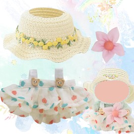 Doll Clothes Set (No Doll), 3 Pieces Dress Outfit Set for 17cm Doll Suit, Stylish Straw Hat & Beige Floral Dress＆Clothes Accessories for 1st/2nd/3rd Gen Doll Play & Display