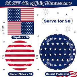 QZYL Set de 150 Platos y Servilletas 4 de Julio | Decoración Patriótica Desechable Roja, Blanca y Azul | Ideal para Fiestas, Cena, Día de la Independencia y Memorial Day