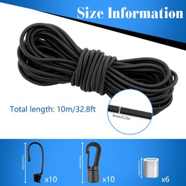 Bungee Cord 6 mm x 10 m, Black Shock Cord, Round Elastic Rope with Hooks and Aluminum Crimping Loop Sleeve, Bungee Rope for Tarpaulin, Trailer, Backpack, Tent Pole, DIY Craft Projects