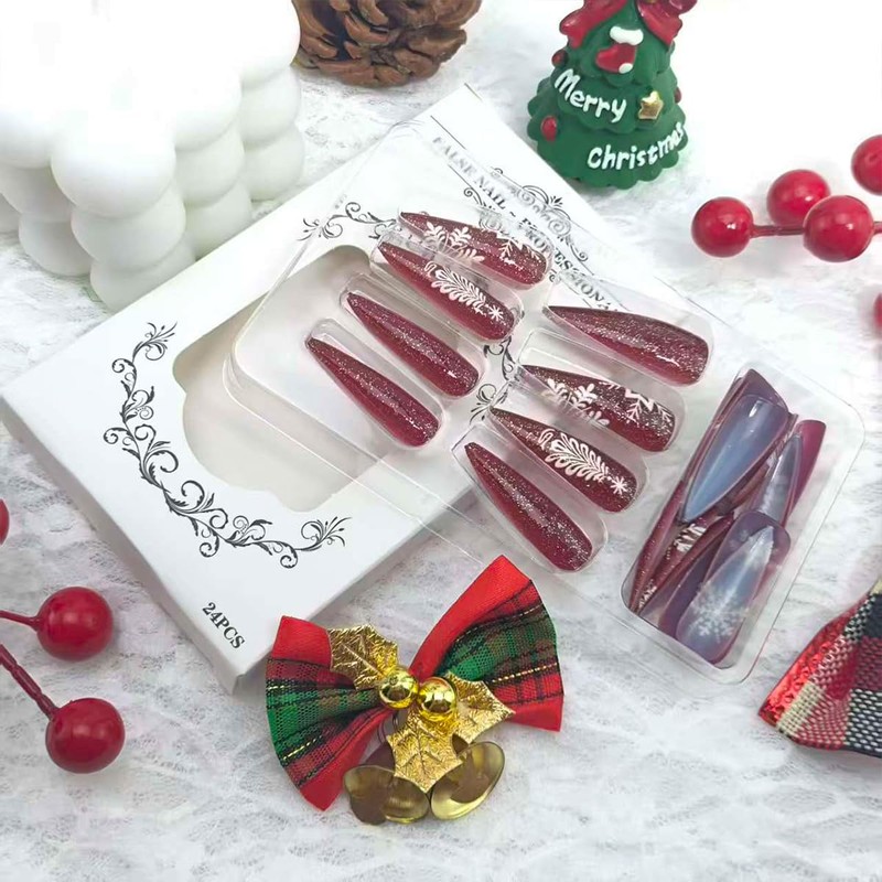 Christmas Fake Nails Medium Almond Press on Nails Xmas Snowflakes