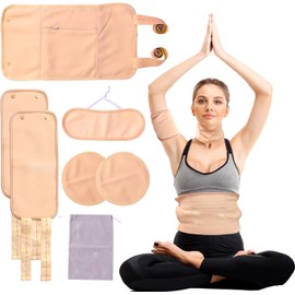 Castor Oil Pack Wrap, 7Pcs Reusable Organic Castor Oil Pack Kit, Adjustable Elastic Straps for Neck Chest Waist Knee, Machine Washable Castor Oil Compress Pads, Anti Oil Leak (Oil Not Included)(Khaki)