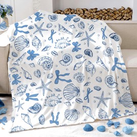Breling Coastal Ocean Beach Throw Flannel Blanket Blue Seashells Cozy Fuzzy Warm Sea Ocean Throw Blanket Nautical Gift for Couch Sofa Bed Home Decor 60"x50"