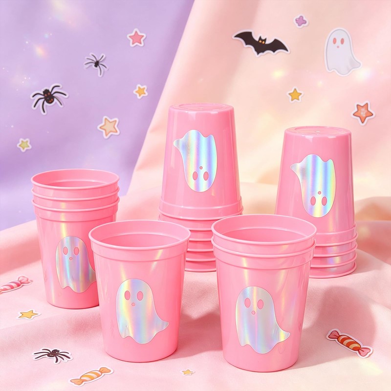 24 Pack Halloween Iridescent Plastic Cups, Ghost, Pink Color, 16oz