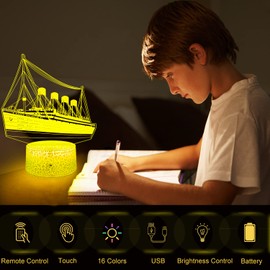 GIMFRY Ship Night Light for Kids 3D Illusion Ship Model Lamp16 Colors Changing Remote&Touch with Boys Room Bedside Decor Light As Birthday Gifts for Girls Kids