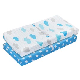 EVERYDAY KIDS 2 Pack Baby Changing Pad Covers for Baby Boy – Fits Most Changing Table Pads; 100% Cotton Jersey Knit, Breathable, Soft Changing Table Topper - Blue, White Stars + Blue, Gray Clouds