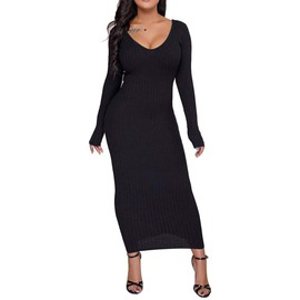 Cinyifaan Off Shoulder Sweaters for Womens Deep V Neck Knit Sweater Bodycon Dress A-Black