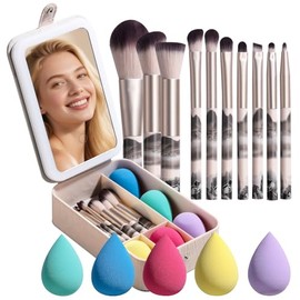 BS-MALL Estuche de espejo de maquillaje LED grande Juego de brochas de maquillaje de viaje 15 piezas - Espejo de luz LED con esponja de maquillaje par