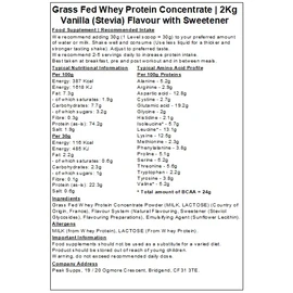 Whey Protein Powder Concentrate - All Flavours - Grass Fed (Vanilla - Stevia, 2kg (1kg Bag x2))