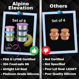 Alpine Elevation 12-Piece Stainless Steel Snack Dip Condiment Containers Set | 3 x 7.4 oz and 3 x 3.4 oz with Silicone Lids | Reusable Leakproof Food Storage Containers for Lunch Meal Prep and Travel