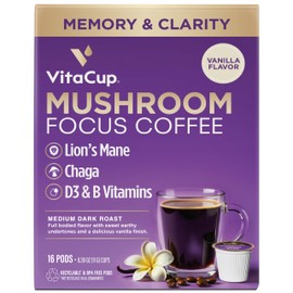 VitaCup Focus Mushroom Coffee Pods, Vanilla Flavored Coffee with Chaga, Lion’s Mane, Vitamins, Medium Dark Roast Arabica Beans, Recyclable Single Serve Pods Compatible with Keurig K-Cup Brewers, 16 Ct