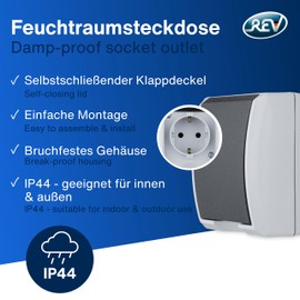 REV AquaForm Socket for Wet Rooms, IP44, 2-Pole, Surface-Mounted, Grey