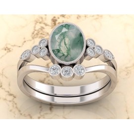 Oval Shape Natural Moss Agate Gemstone Wedding Ring Set, 925 Sterling Silver Nature Inspired Moss Agate Unique Dainty Branch Statement Ring, Gift for Her (UN-OVAL-A, 7)