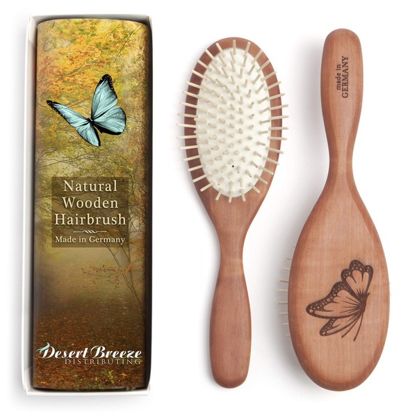 Natural Wood Bristle Hair Brush, Gentle Massage, Pear Wood Handle, Made in Germany, Model PWW, For All Hair Types, Rounded Wood Pins, Anti-Static