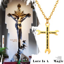 Cupimatch Men's Wrench Cross Pendant Necklace Titanium Steel Bible Verse Philippians 4:13 I CAN DO ALL THINGS Plumber Tool Cross with 22" Chain Black Gold Silver