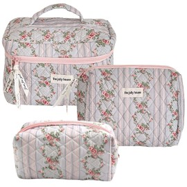 GoaePode Women's Travel Cosmetic Bag Set, 3 Pieces, Various Sizes, Flowers, Aesthetic Make Up Bag, Made of Cotton, Quilted Toiletry Bag, Beauty Case, Make-Up Bag, Travel Essentials, Blue Flower,