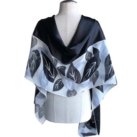 JJcollection Silk Shawl/Scarf, 74" L x22 W, Print-Solid Silk with Beads, Black and White