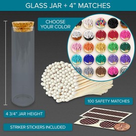 4" Matches in a Chic Jar + Striker Stickers Included | 100 Matchsticks in The Color of Your Choice | Decorative Safety Matches with a Cork Top Glass Holder | Gifts & Home Decor by Thankful Greetings