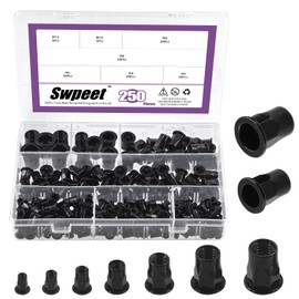 Swpeet 250Pcs 7 Sizes Black M3 M4 M5 M6 M8 M10 M12 Metric Thread Half Hexagonal Carbon Steel Zinc-Plated Rivet Nuts Assortment Kit, Flat Head Threaded Insert Nut Assort
