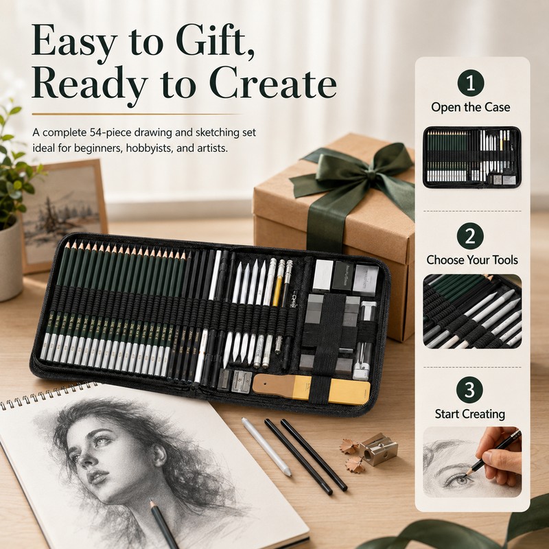 54-Piece Drawing and Sketching Kit for Artists – Complete Pencil
