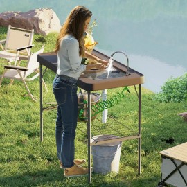 Outsunny Folding Fish Cleaning Table with Sink, Faucet, Sprayer, Tan