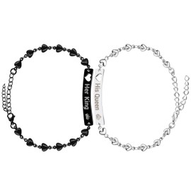 Tobestu His Queen And Her King Bracelets Set Adjustable Stainless Heart Chain Bracelets for Women Men Valentines Gifts for Boyfriend and Girlfriend Y4234