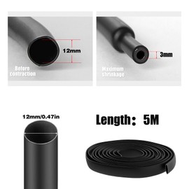 XIAQICA Heat Shrink Tubing 4:1 Heat Shrink Tubing Diameter 12 mm 5 m Long Black Heat Shrink Tube Sold by the Metre Insulated Tube for Cable Repair Connection Thickened and Wear-Resistant