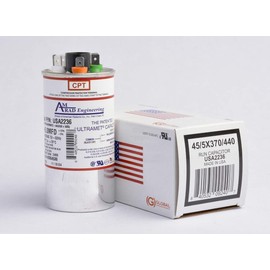 45 + 5 uf/Mfd Round Dual Universal Capacitor • AmRad USA2236 - Used for 370 or 440 VAC, Made in The U.S.A.