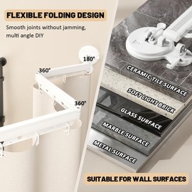 EHERDM Wall Mounted Folding Shower Curtain Rod Punch-Free Suction Cups 360°Collapsible Shower Curtain Rod for Bathroom Corner Bathtub Retractable Laundry Rack 5-Fold 68"