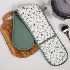 Premier Decorations 90cm Christmas Holly Berry Double Oven Glove Mitt Pot Holder Green and White Festive Kitchenware Xmas Novelty Gift