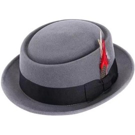 KOLLACHE Mens Pork Pie Wools Hats Crushable Felt Straw Summer Beach Feather Trilby Hats-Grey-S