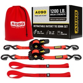 AUGO Retractable Ratchet Straps | 2 Heavy Duty Ratchet Straps Self Retractable Tie Downs with Soft Loops & Storage Bag for Motorcycle, Truck, Trailer, Cargo Van | 1200 Lb Break Strength 1” x 10’