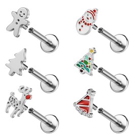 ZS 6Pcs Christmas Tree Lip Stud, 16G Stainless Steel Labret Lip Piercing Flat Back Elk Lip Jewelry Santa Claus Apples Snowflake Snowman Stud Earrings Holiday Earrings for Women Men (SetB,L:6mm)